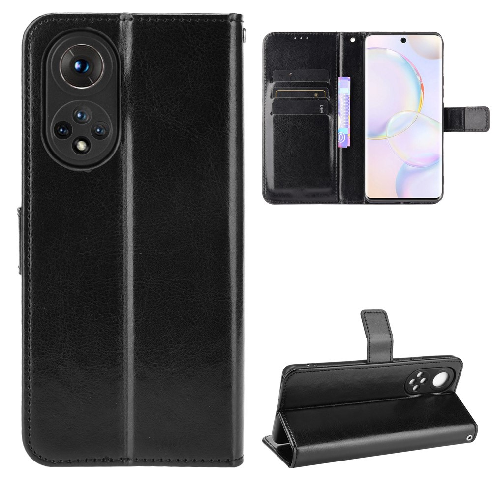 Hands-Free Stand Crazy Horse Texture PU Magnetic Closure Flip Wallet Phone Case with Strap for Honor 50 - Black-6