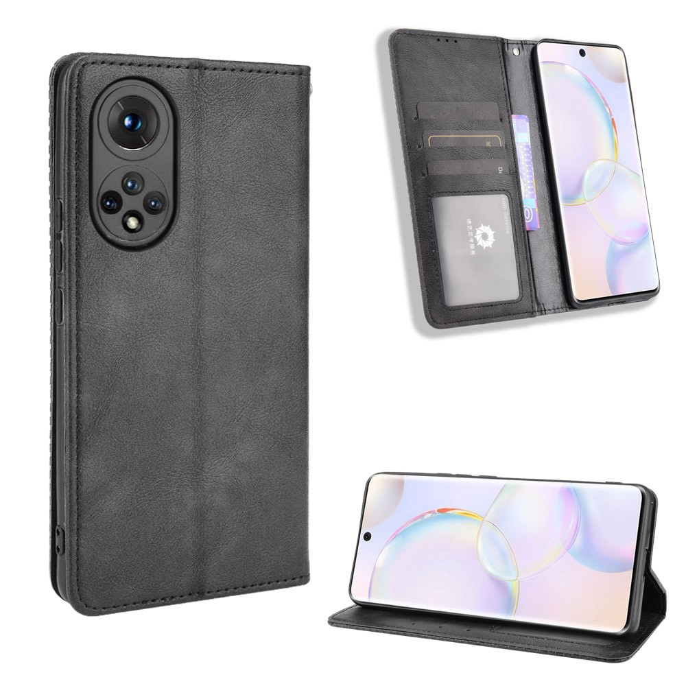 Scratch Resistant Case Wallet Retro Textured Surface Anti-Drop Phone Leather Stand Cover for Honor 50 - Black-9