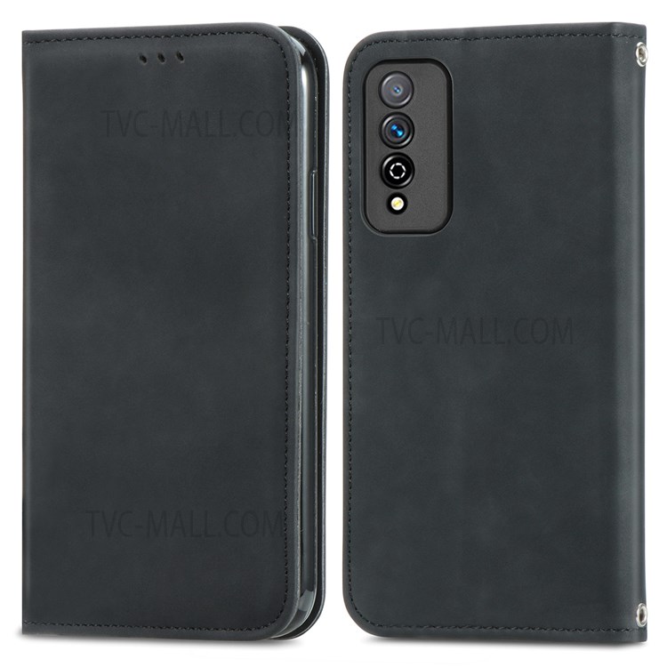 Card Slots Design Vintage Texture PU Leather Stand Flip Auto Closing Magnetic Skin-touch Phone Case for Honor Play 5T Pro - Black-1
