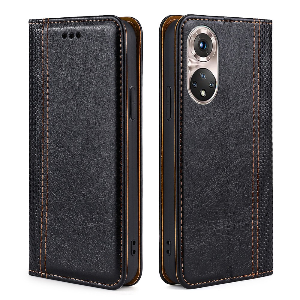 Plaid Pattern Splicing PU Leather Card Slot Full Protection Auto Magnetic Closed Case Shell with Stand for Honor 50 Pro - Black-1