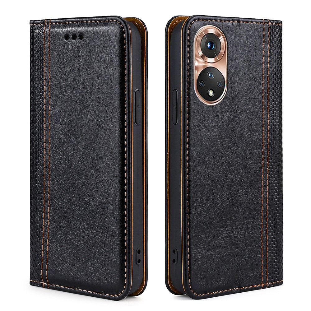 Plaid Pattern Splicing Well-protected Stylish PU Leather Stand Card Slot Auto Magnetic Closed Case Shell for Honor 50 - Black-1