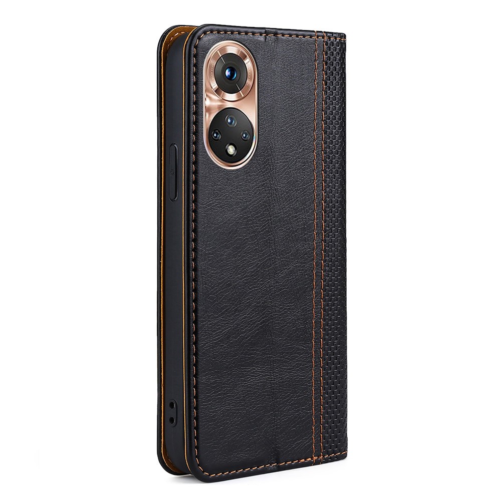 Plaid Pattern Splicing Well-protected Stylish PU Leather Stand Card Slot Auto Magnetic Closed Case Shell for Honor 50 - Black-2