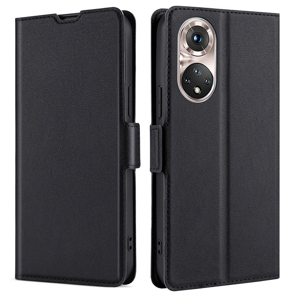 Ultra-thin Stand Flip Solid Color Leather Shell with Card Slot Side Magnetic Closure Protective Case for Honor 50 Pro - Black-1