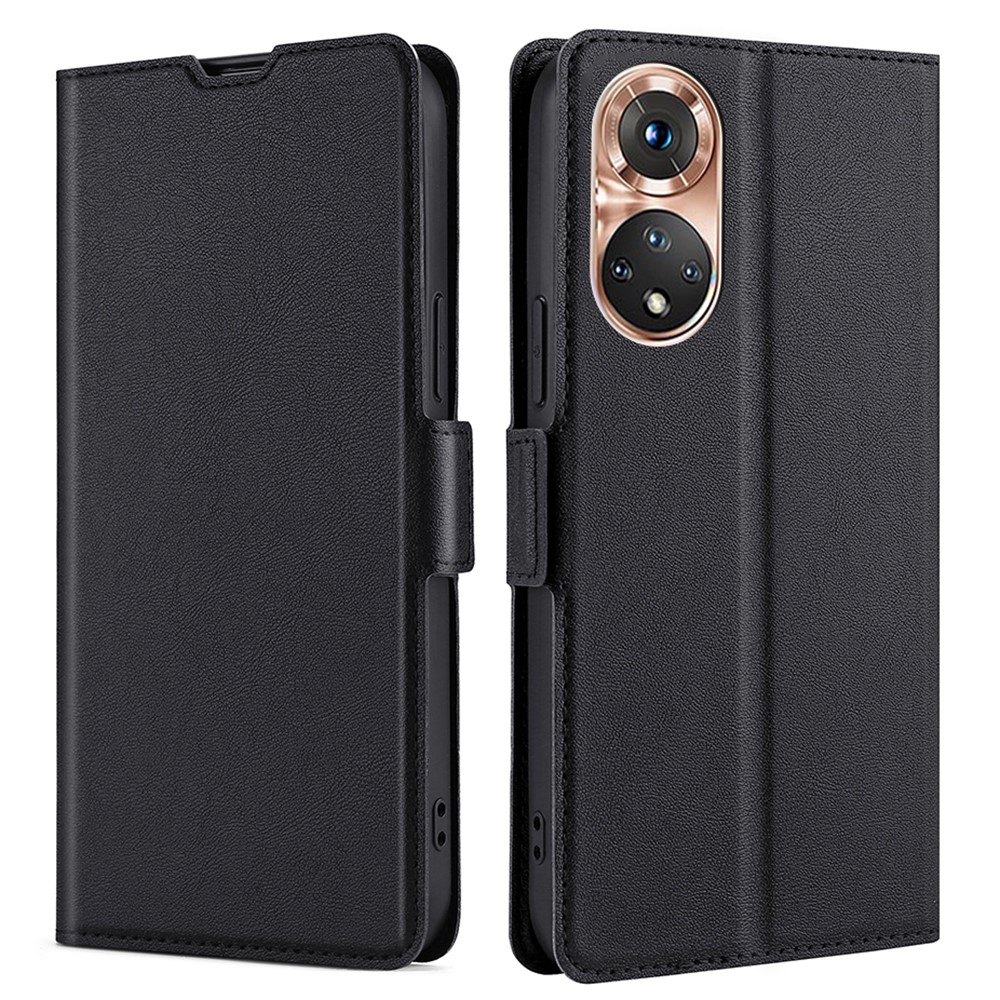 Strong Magnetic Closure Phone Cover Ultra-thin Leather Phone Case with Stand for Honor 50 - Black-1