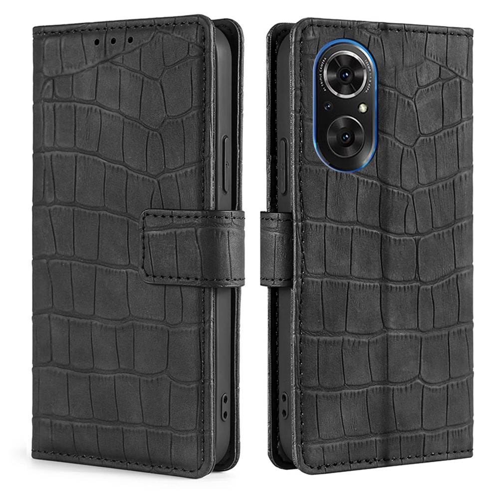 Crocodile Texture Shockproof Anti-scratch PU Leather Wallet Magnetic Flip Folio Case with Stand for Honor 50 SE - Black-1