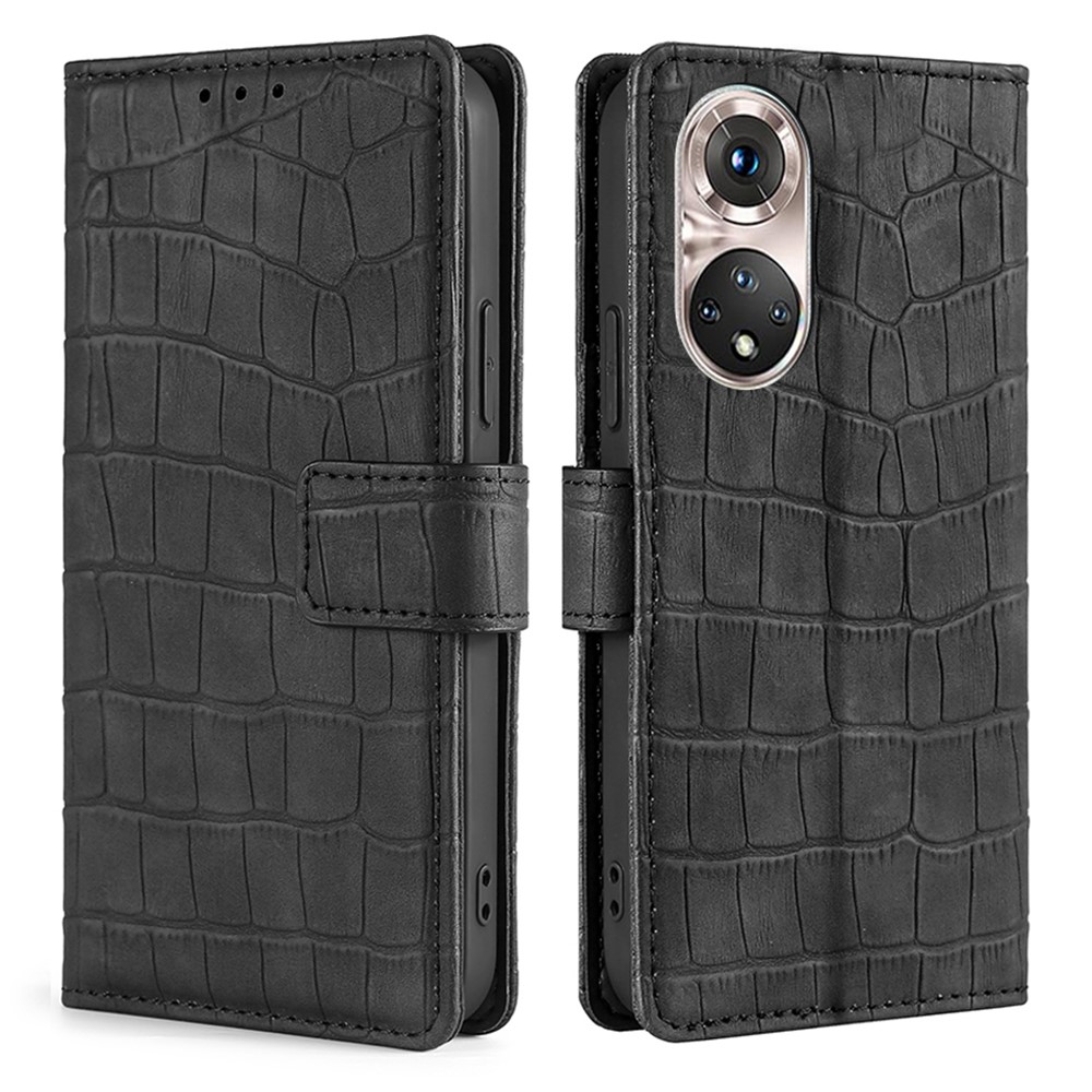 Crocodile Texture Magnetic Closure PU Leather Wallet Stand Flip Well-protected Case Shell for Honor 50 Pro - Black-1