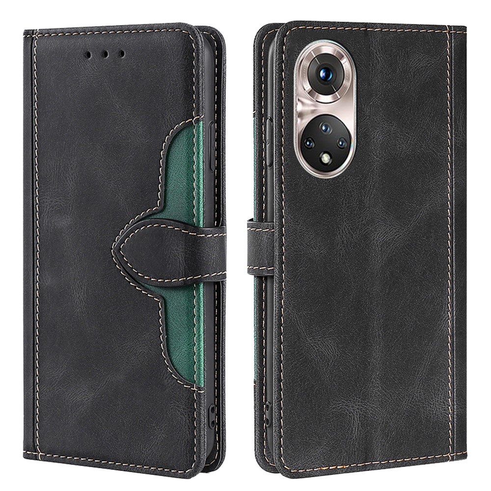 Bi-color Stylish Well-protected Wallet Magnetic Clasp PU Leather and TPU Phone Case Cover with Stand for Honor 50 Pro - Black-1
