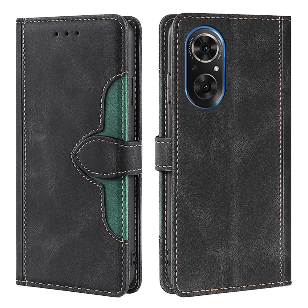 Bi-color Magnetic Clasp Anti-drop Shockproof PU Leather and TPU Phone Case Shell with Stand for Honor 50 SE - Black-1