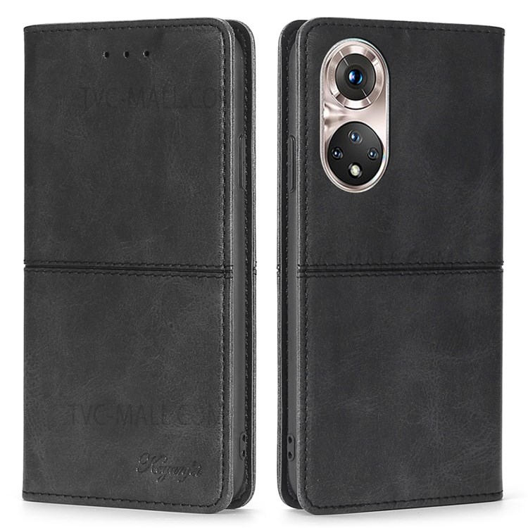 Stand Book Design Premium PU Leather Flip Folio Auto Magnetic Closed Cover with Card Slots for Honor 50 Pro - Black-1