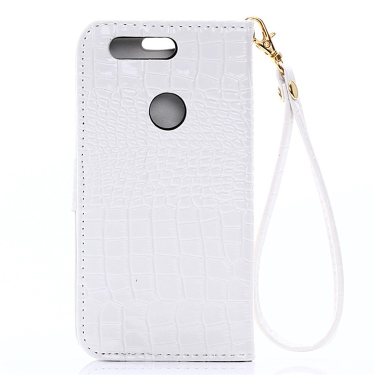 Crocodile Texture Leather Wallet Cover for Huawei Honor 8 with Handy Strap - White-2
