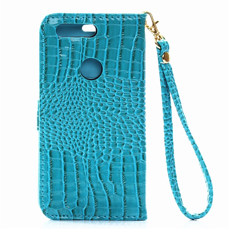 Crocodile Grain Leather Wallet Stand Case for Huawei Honor 8 with Handy Strap - Blue-2