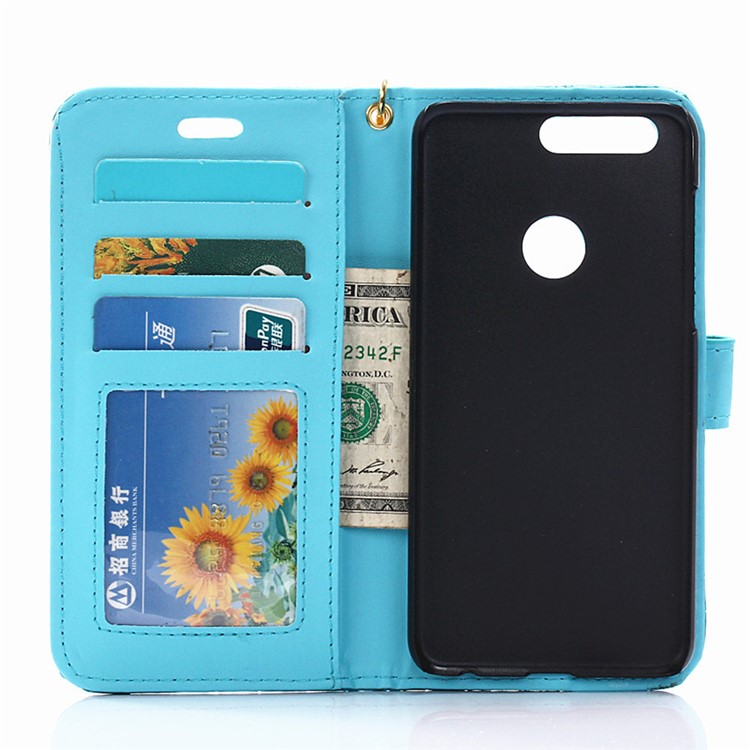 Crocodile Grain Leather Wallet Stand Case for Huawei Honor 8 with Handy Strap - Blue-4