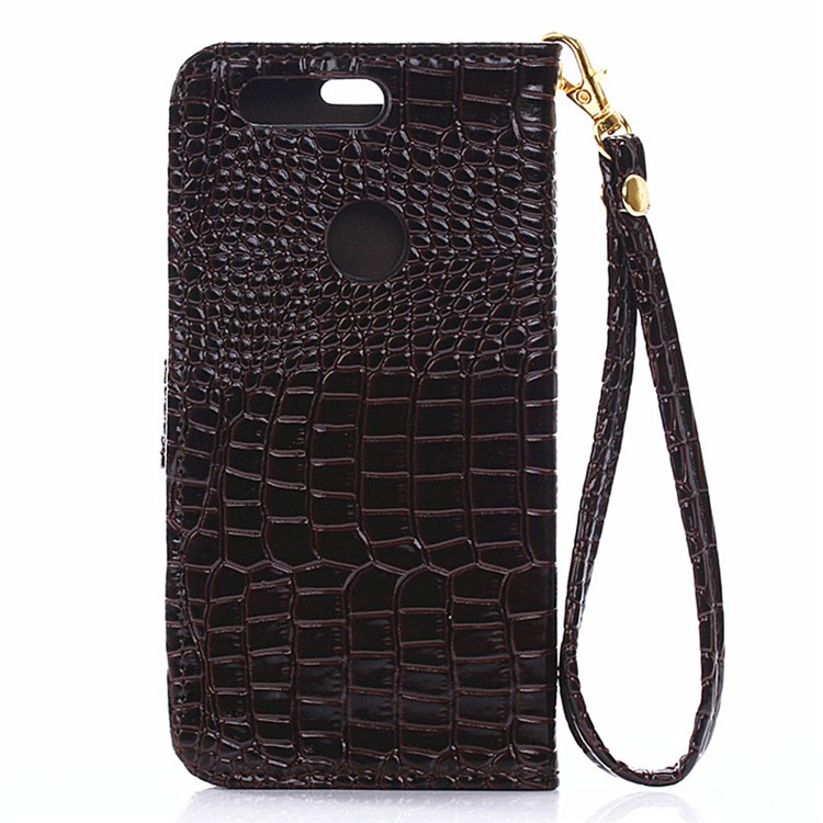 Crocodile Grain Leather Wallet Stand Cover for Huawei Honor 8 with Handy Strap - Coffee-2