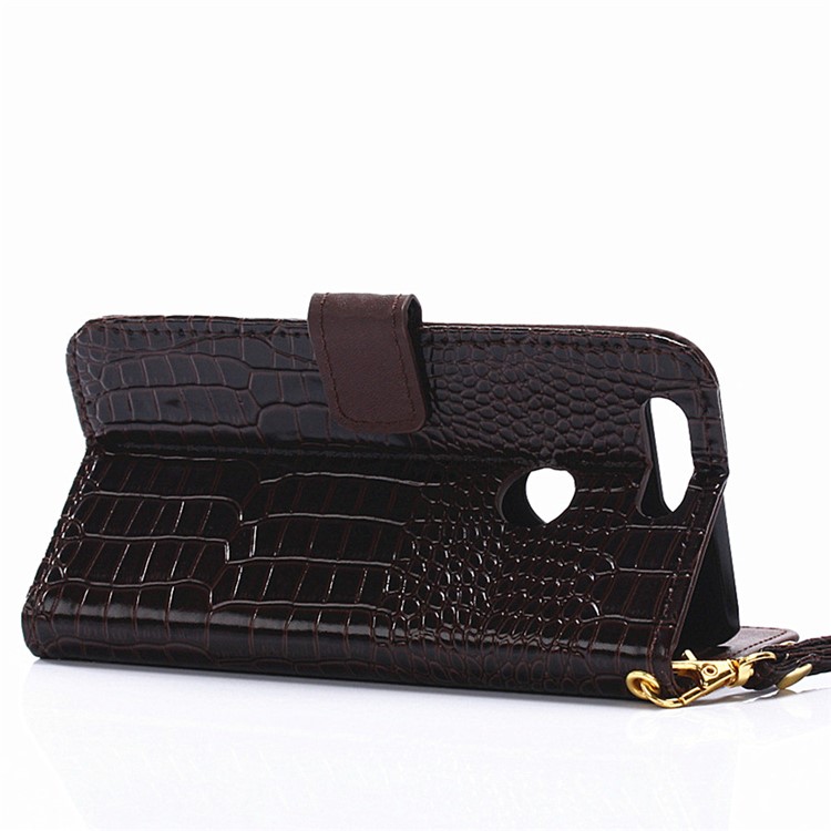 Crocodile Grain Leather Wallet Stand Cover for Huawei Honor 8 with Handy Strap - Coffee-3