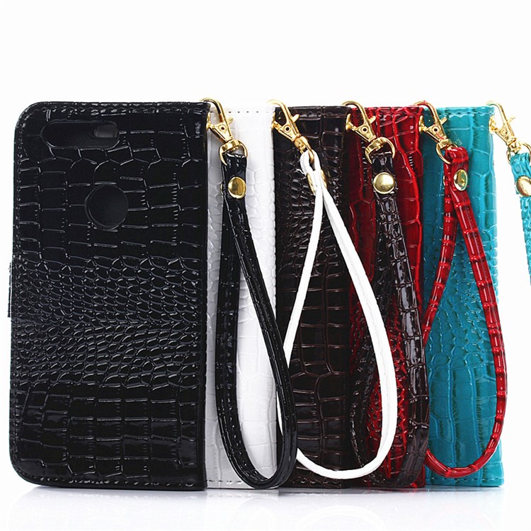 Crocodile Grain Leather Wallet Stand Cover for Huawei Honor 8 with Handy Strap - Coffee-5