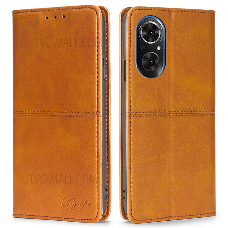 Card Slots Design PU Leather Shockproof Stand Flip Auto Magnetic Closed Case for Honor 50 SE - Light Brown-1