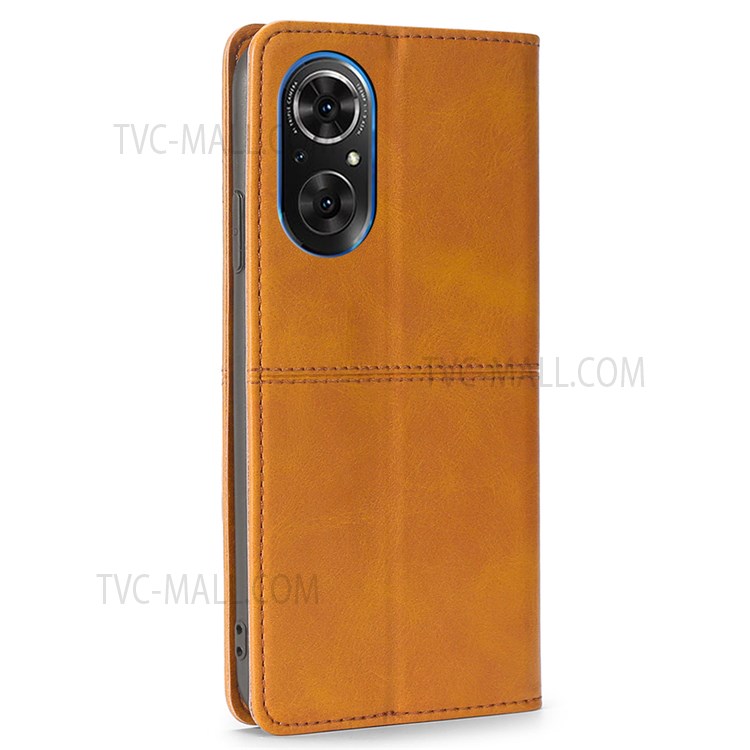 Card Slots Design PU Leather Shockproof Stand Flip Auto Magnetic Closed Case for Honor 50 SE - Light Brown-3