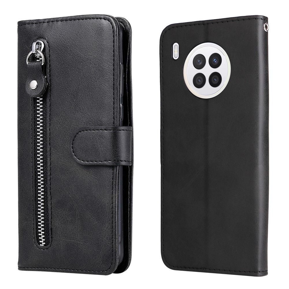 Zippered Pocket PU Leather Case Wallet Stand Design Phone Case for Huawei nova 8i/Honor 50 Lite - Black-1