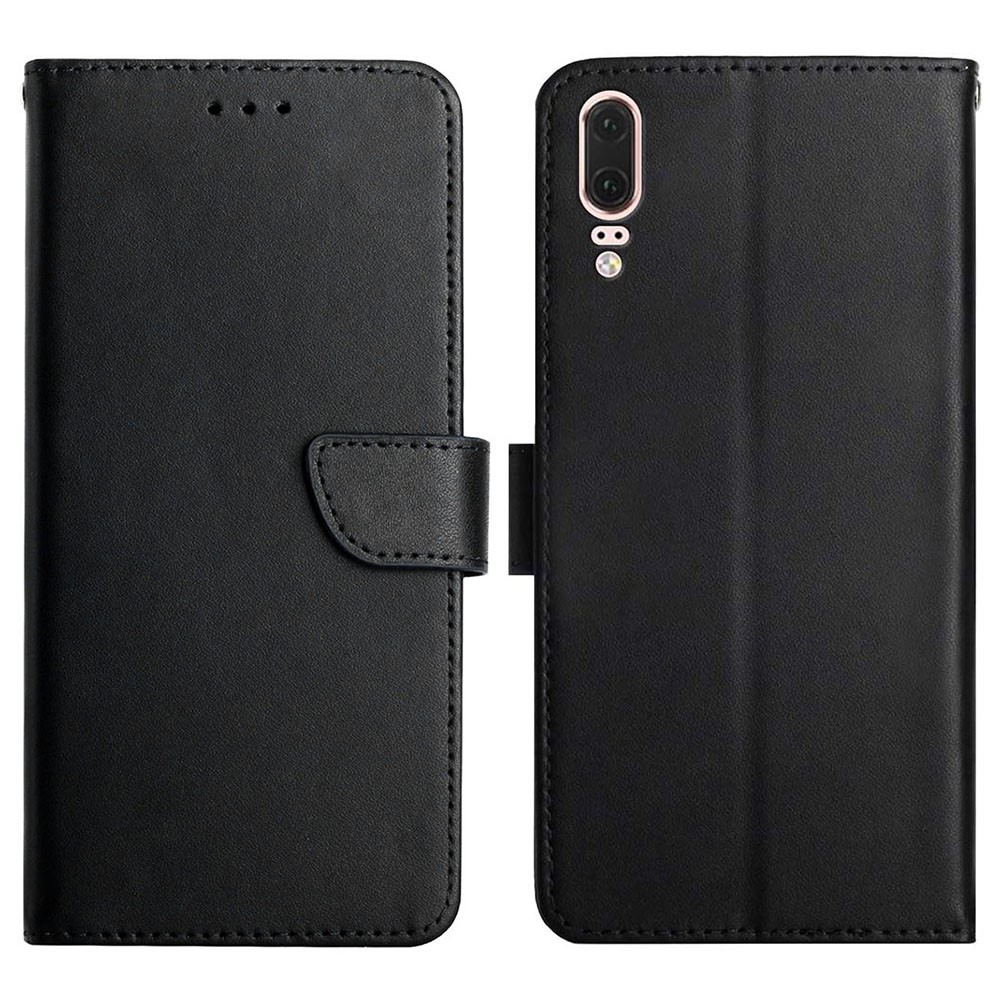 For Huawei P20 Flip Cover TPU + Genuine Leather Nappa Texture Multifunction Wallet Stand Good Protective Phone Case - Black-1