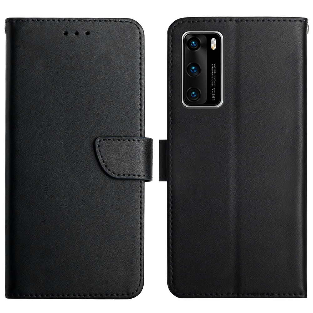 For Huawei P40 Nappa Texture Solid Color Supporting Stand Wallet Mobile Case Genuine Leather + TPU Flip Phone Shell - Black-1