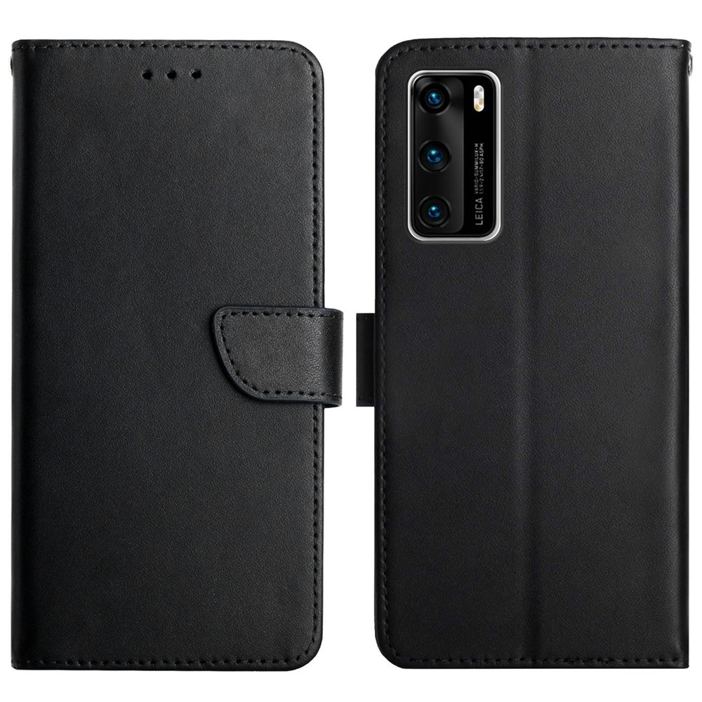 Para Huawei P40 Nappa Textura Sólida Cor Suporte Suporte Carteira Capa Móvel Couro Genuíno + TPU Flip Thone Shell - Preto