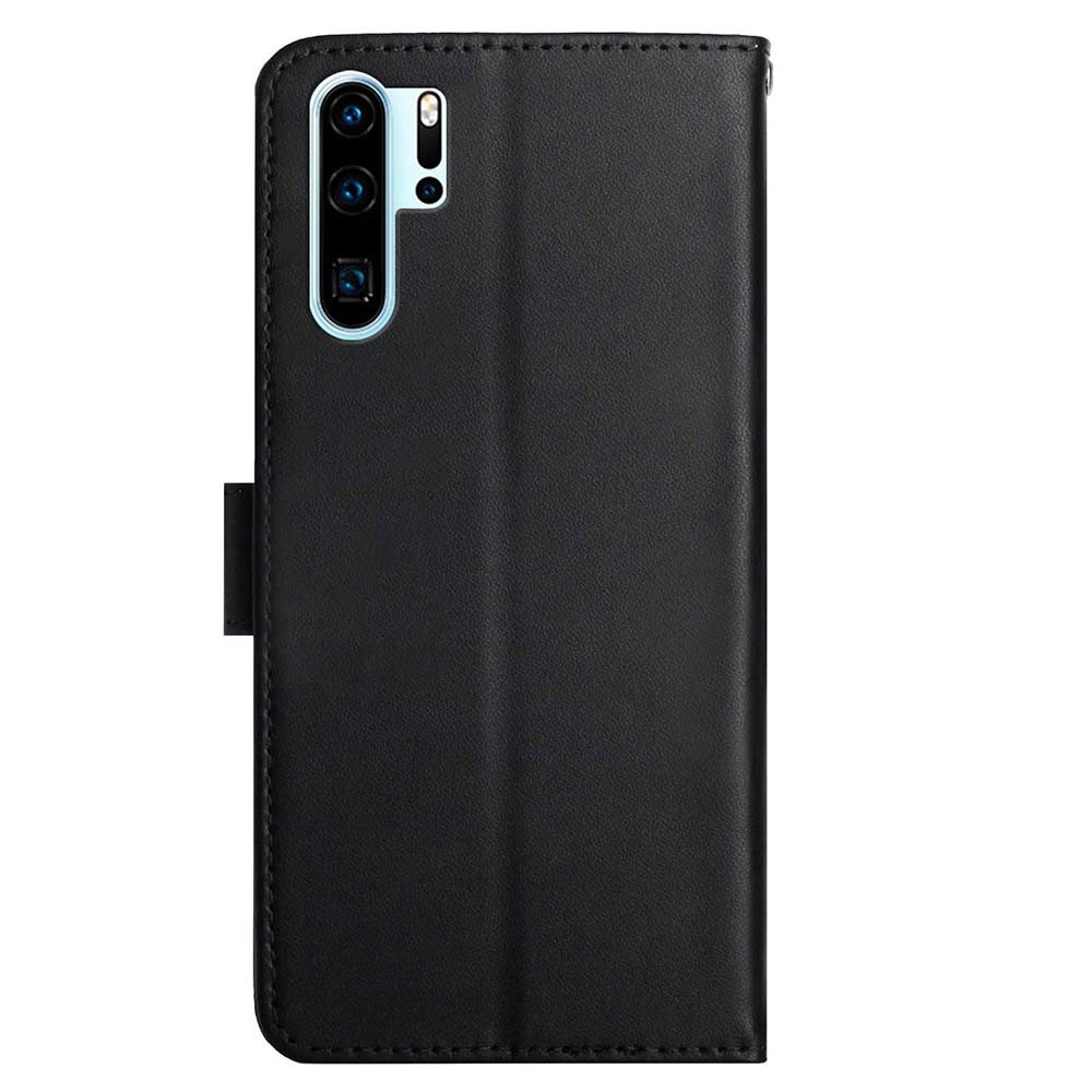 For Huawei P30 Pro Solid Color Genuine Leather Nappa Texture Magnetic Closure Stand Wallet Case Flip Phone Shell - Black-9