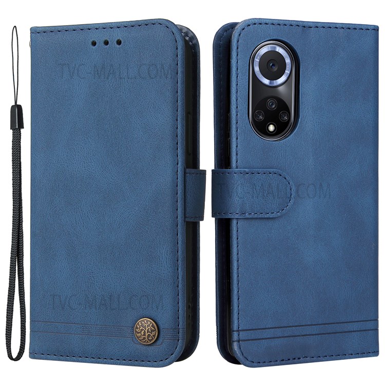 Wallet Style Retro Tree Pattern Metal Button Decor Stand PU Leather Phone Case Cover for Huawei nova 9/Honor 50 - Blue-1