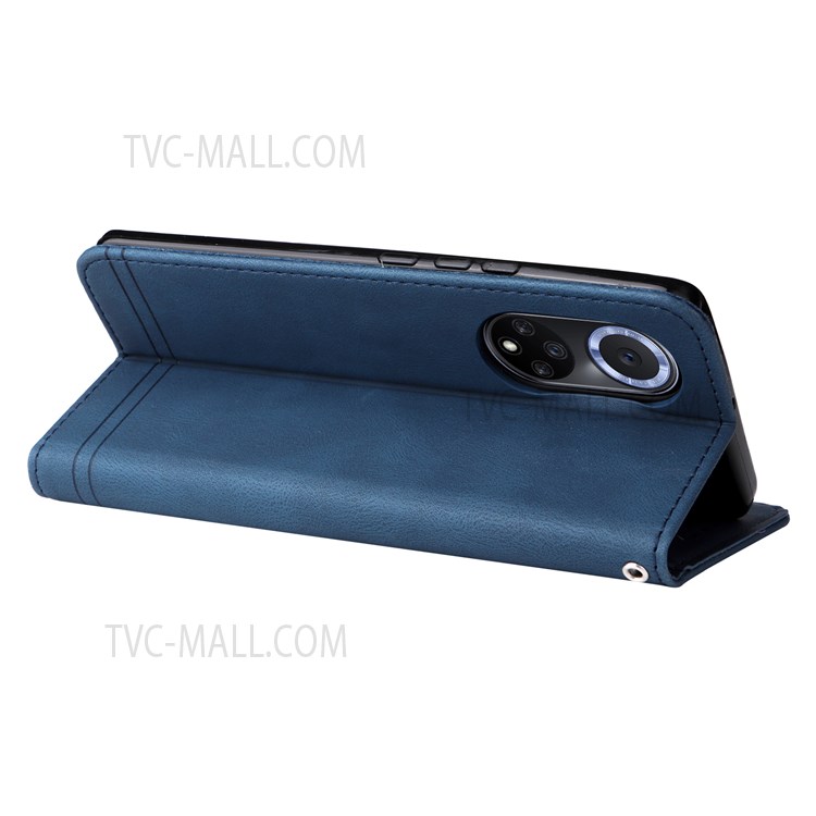 Wallet Style Retro Tree Pattern Metal Button Decor Stand PU Leather Phone Case Cover for Huawei nova 9/Honor 50 - Blue-6