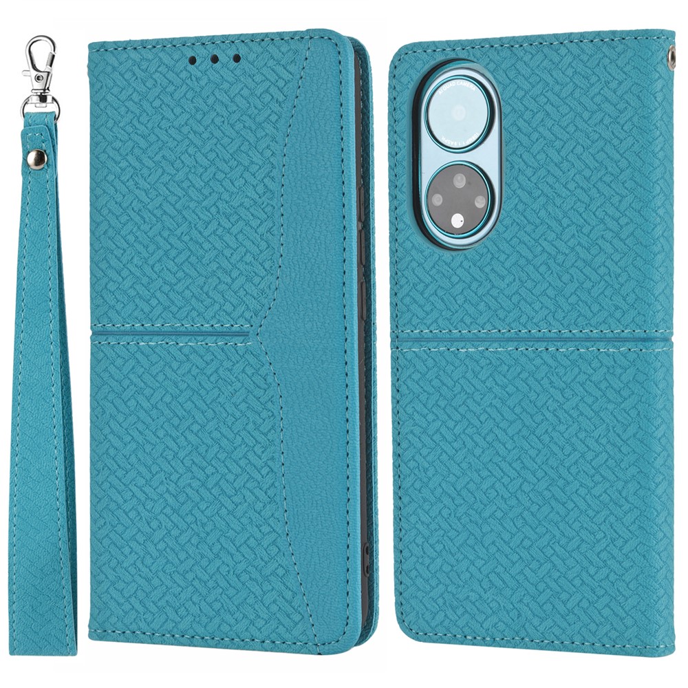 For Honor 50 Supporting Stand Anti-fall Lightweight Woven Texture Wallet Wrist Strap Leather Cover Case - Blue-1