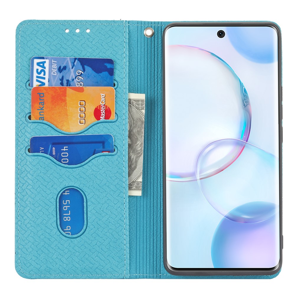 For Honor 50 Supporting Stand Anti-fall Lightweight Woven Texture Wallet Wrist Strap Leather Cover Case - Blue-4