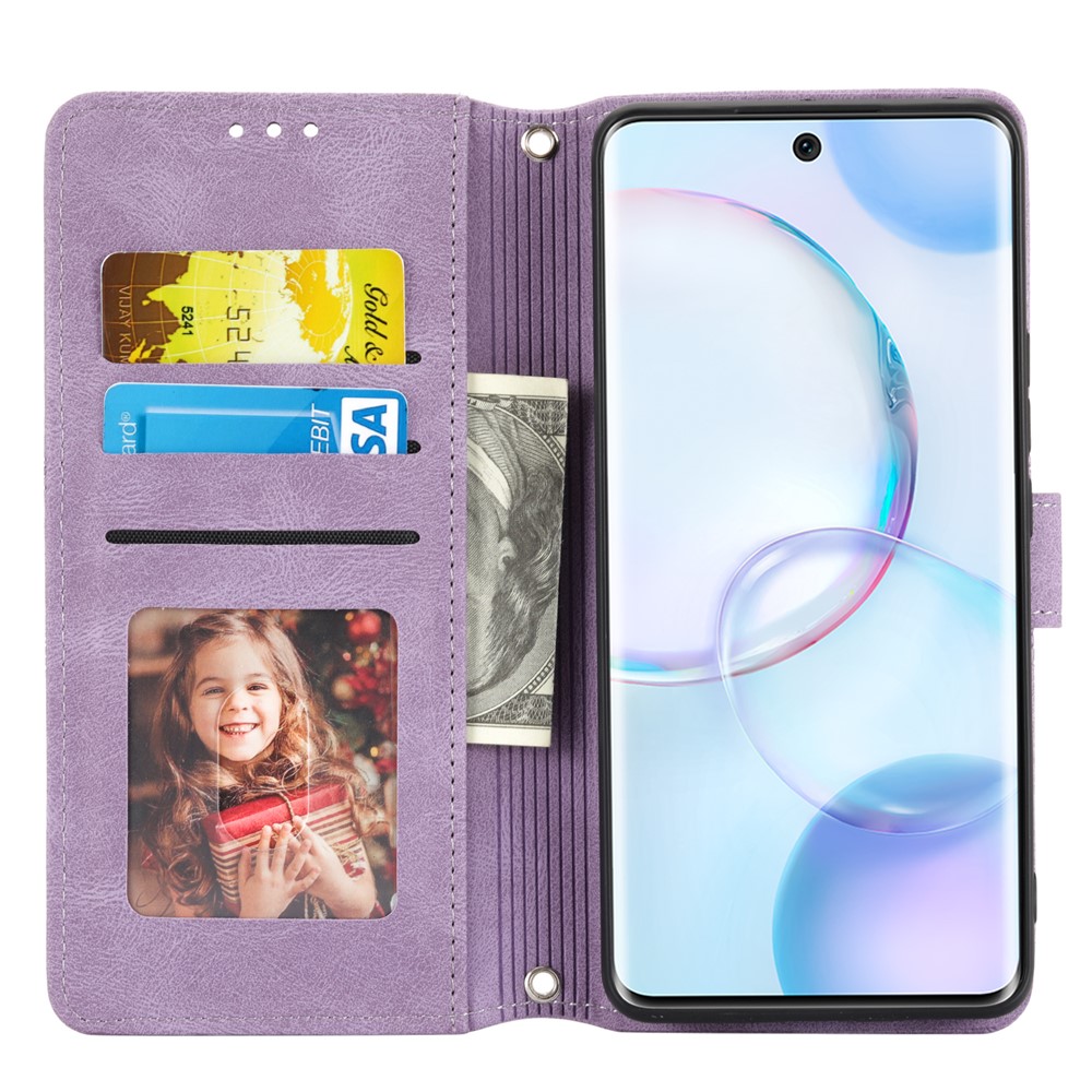 Stand Design Imprinted Pattern Flip Cover For Honor 50 SE Fashionable Stylish PU Leather+TPU Wallet Phone Case - Light Purple-4
