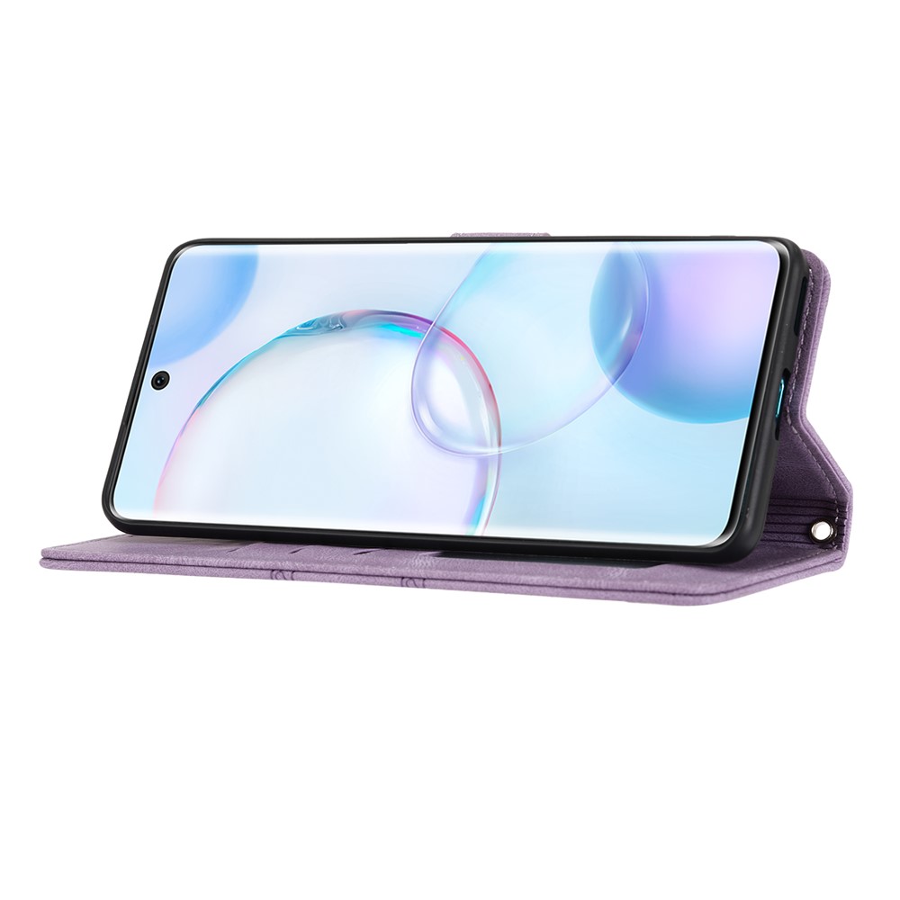 Stand Design Imprinted Pattern Flip Cover For Honor 50 SE Fashionable Stylish PU Leather+TPU Wallet Phone Case - Light Purple-5