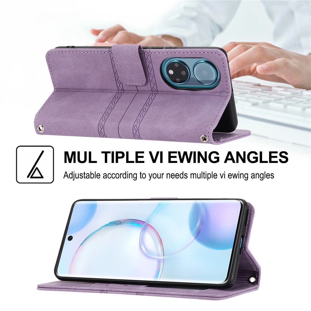 Stand Design Imprinted Pattern Flip Cover For Honor 50 SE Fashionable Stylish PU Leather+TPU Wallet Phone Case - Light Purple-7