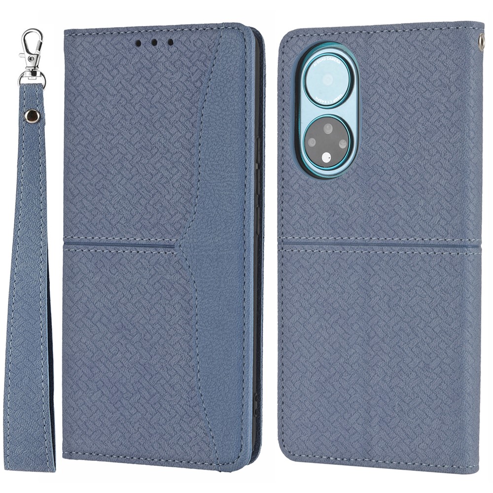 Shockproof Magnetic Flip Cover Woven Texture Wallet Wrist Strap Leather Case with Stand for Honor 50 Pro - Grey-1