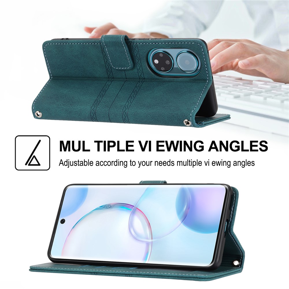 Imprinted Pattern PU Leather+TPU Phone Shell Stylish Wallet Phone Case Cover with Stand for Honor 50 Pro - Blackish Green-7