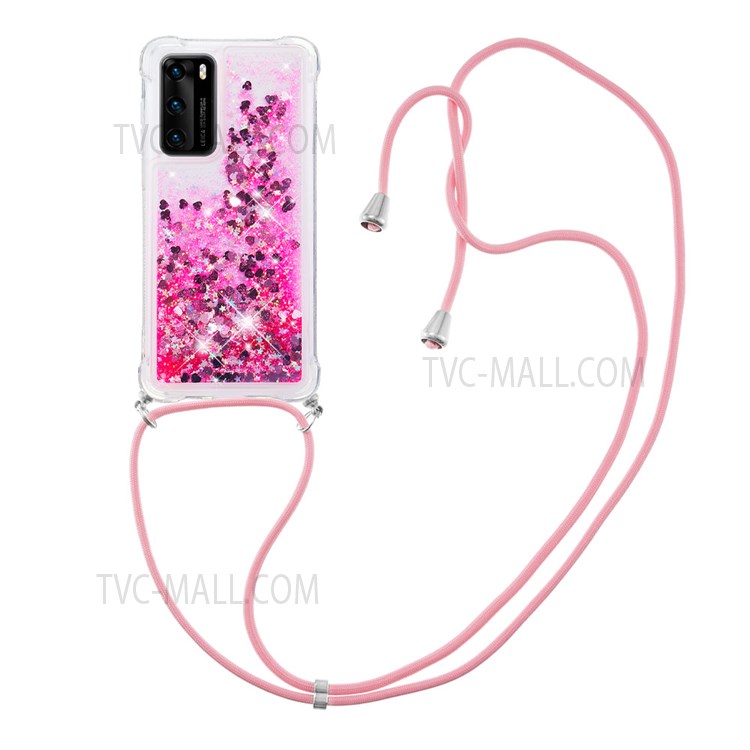 Glitter Quicksand Anti-scratch Stylish Soft TPU Phone Case with Long Lanyard for Huawei P40 - Pink Hearts-1