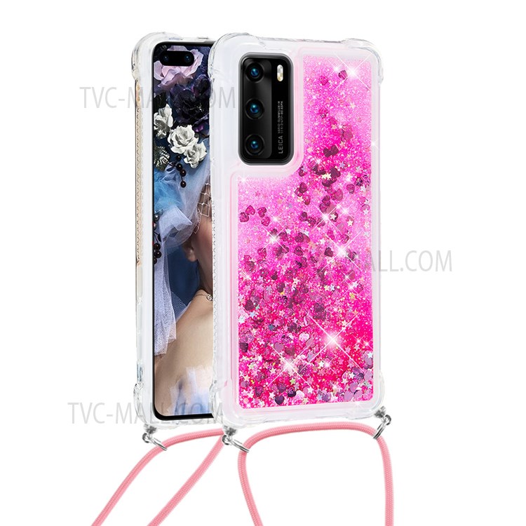 Glitter Quicksand Anti-scratch Stylish Soft TPU Phone Case with Long Lanyard for Huawei P40 - Pink Hearts-2