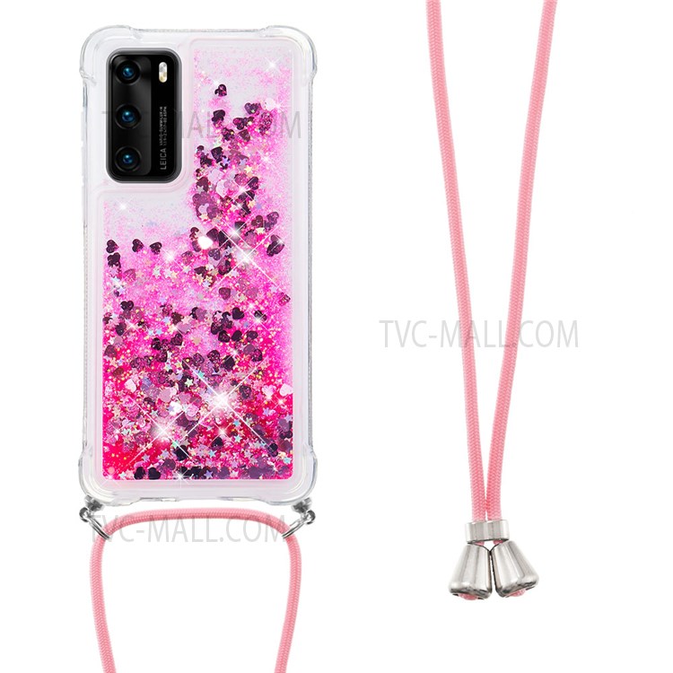 Glitter Quicksand Anti-scratch Stylish Soft TPU Phone Case with Long Lanyard for Huawei P40 - Pink Hearts-3
