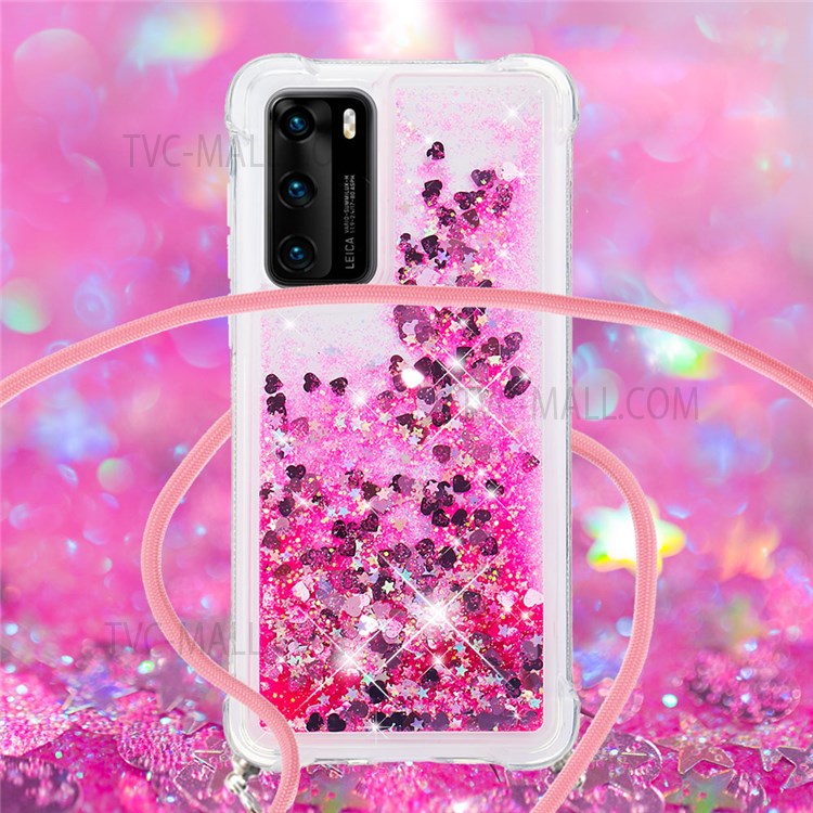Glitter Quicksand Anti-scratch Stylish Soft TPU Phone Case with Long Lanyard for Huawei P40 - Pink Hearts-4
