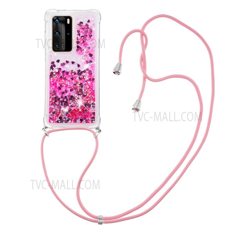 Glitter Quicksand Stylish Soft TPU Drop-proof Protective Phone Shell Case with Long Lanyard for Huawei P40 Pro/P40 Pro+ - Pink Hearts-1