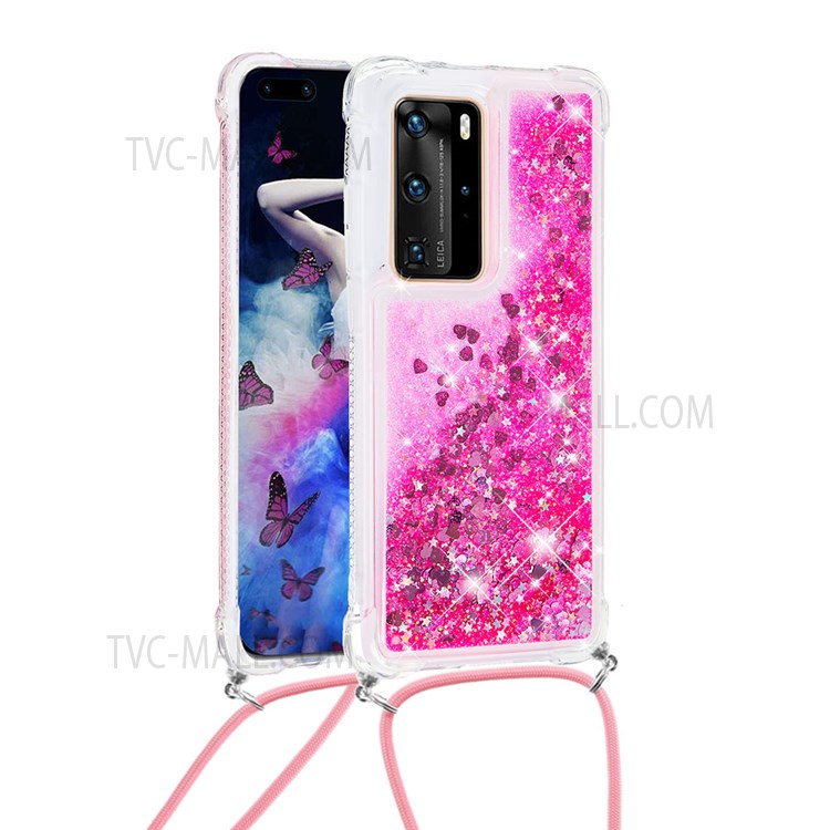 Glitter Quicksand Stylish Soft TPU Drop-proof Protective Phone Shell Case with Long Lanyard for Huawei P40 Pro/P40 Pro+ - Pink Hearts-2