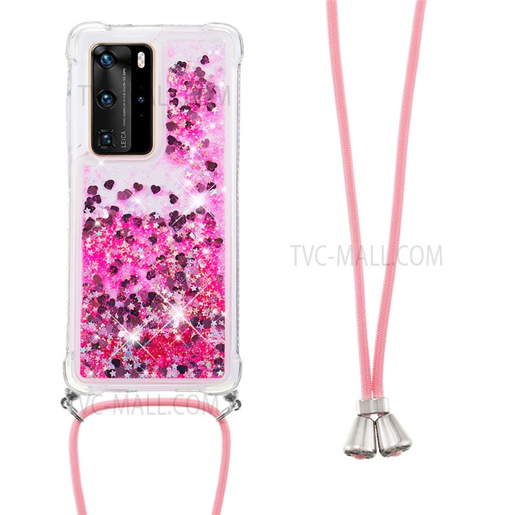 Glitter Quicksand Stylish Soft TPU Drop-proof Protective Phone Shell Case with Long Lanyard for Huawei P40 Pro/P40 Pro+ - Pink Hearts-3