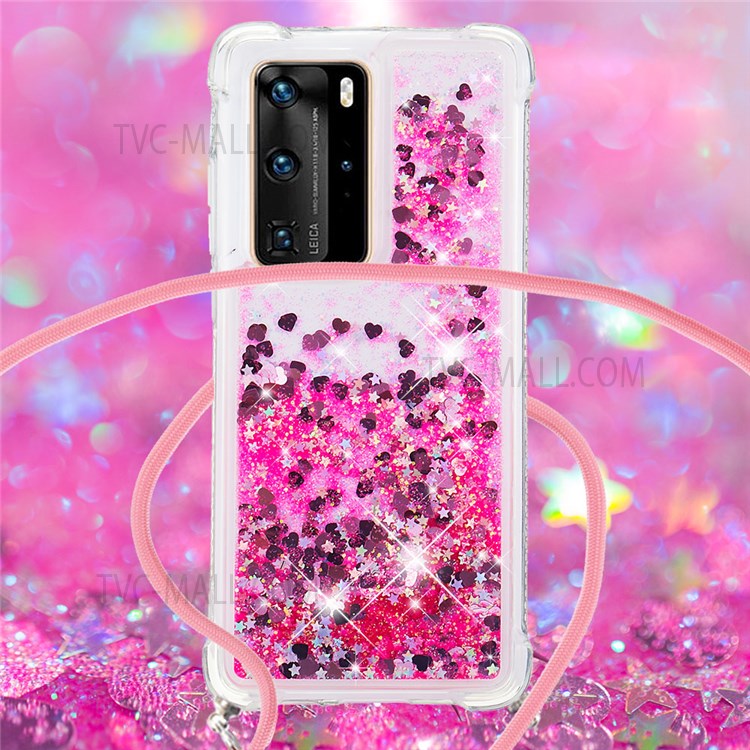Glitter Quicksand Stylish Soft TPU Drop-proof Protective Phone Shell Case with Long Lanyard for Huawei P40 Pro/P40 Pro+ - Pink Hearts-4