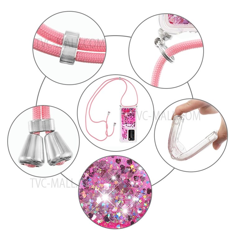 Glitter Quicksand Stylish Soft TPU Drop-proof Protective Phone Shell Case with Long Lanyard for Huawei P40 Pro/P40 Pro+ - Pink Hearts-5