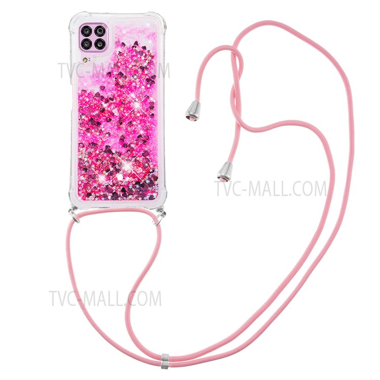 Anti-scratch Stylish Glitter Quicksand Durable TPU Phone Case with Long Lanyard for Huawei P40 lite 4G - Pink Hearts-1