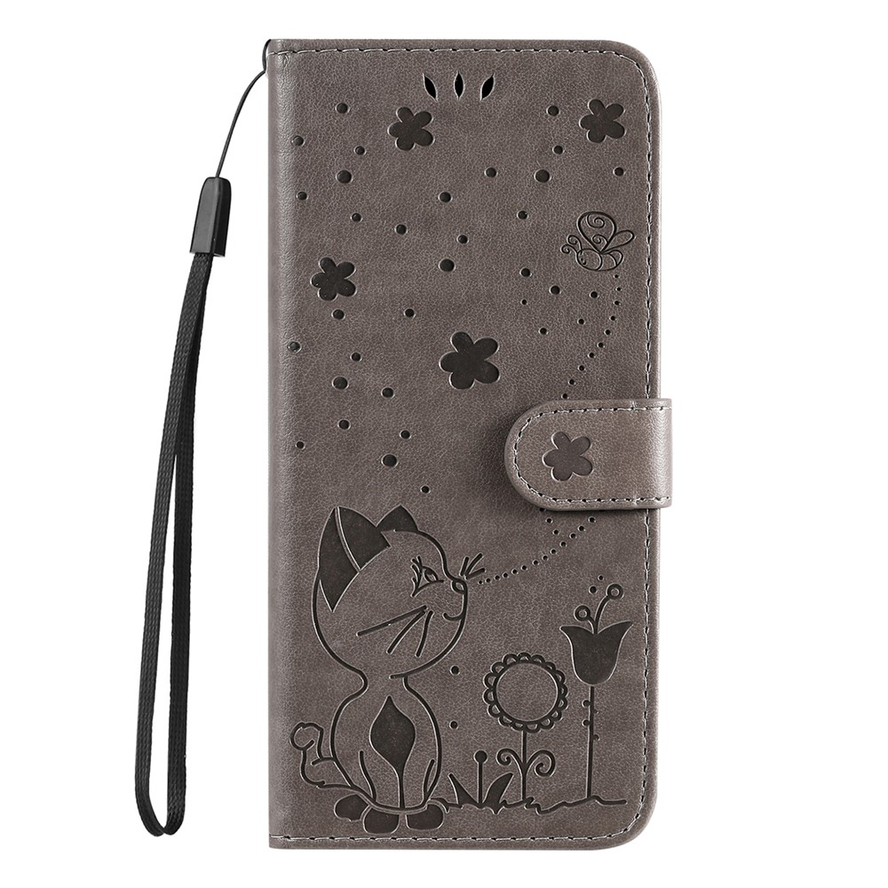 Stand Wallet Design Imprinting Cat and Bee Leather Case with Wrist Strap for Huawei nova 8i/Honor 50 Lite - Grey-2
