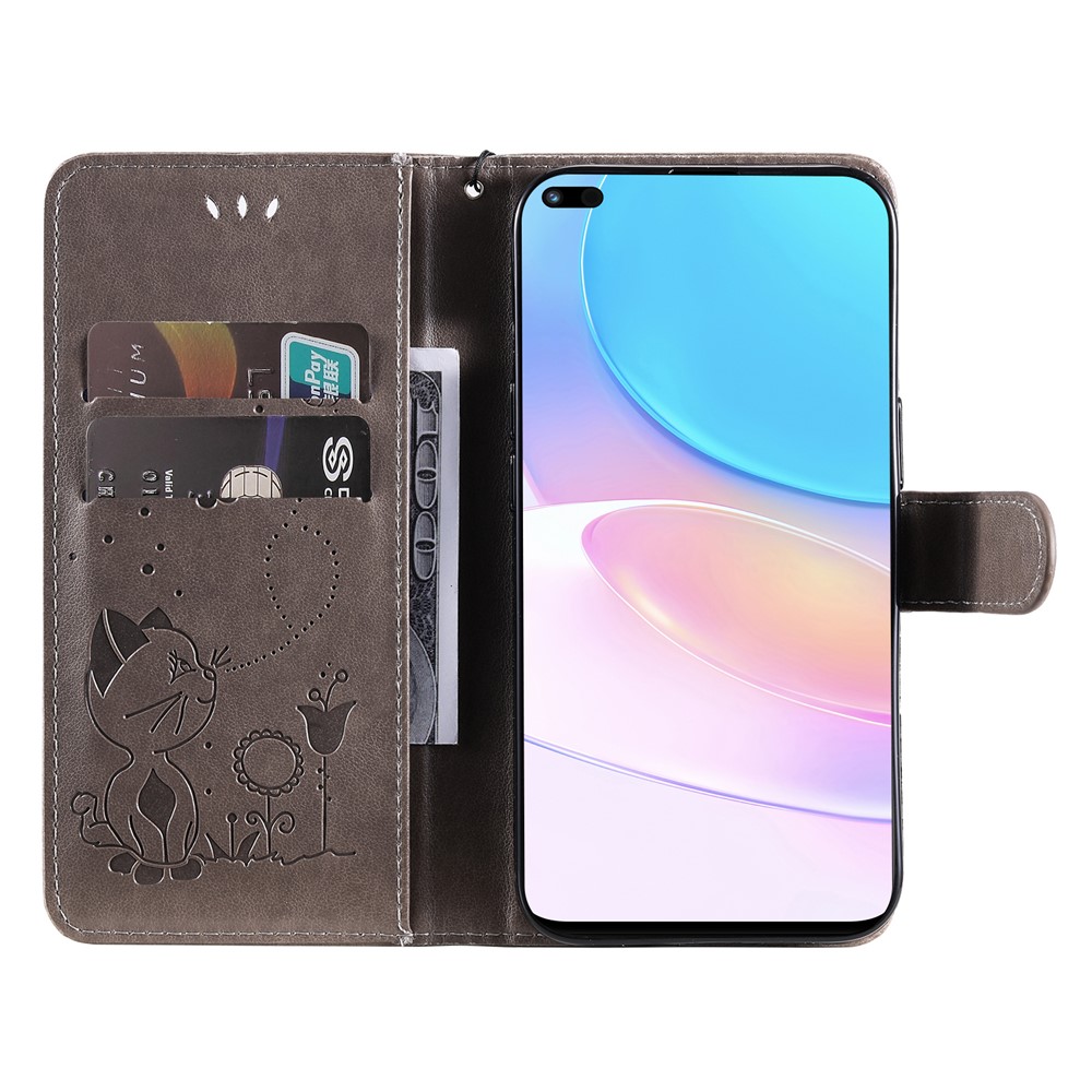 Stand Wallet Design Imprinting Cat and Bee Leather Case with Wrist Strap for Huawei nova 8i/Honor 50 Lite - Grey-5