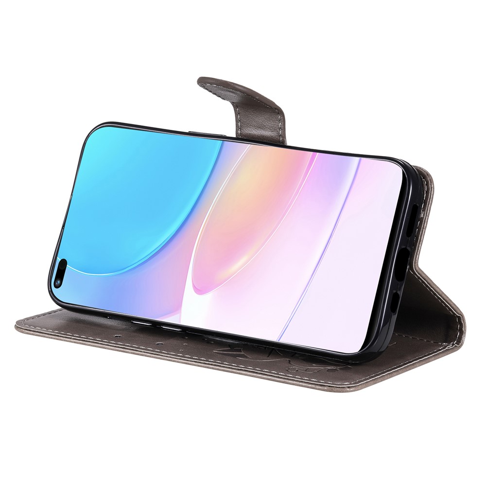 Stand Wallet Design Imprinting Cat and Bee Leather Case with Wrist Strap for Huawei nova 8i/Honor 50 Lite - Grey-6