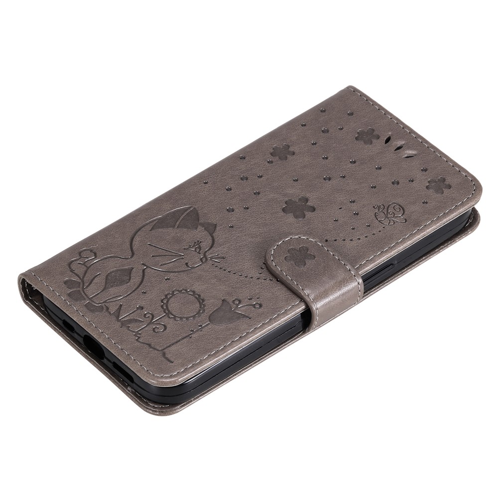 Stand Wallet Design Imprinting Cat and Bee Leather Case with Wrist Strap for Huawei nova 8i/Honor 50 Lite - Grey-7