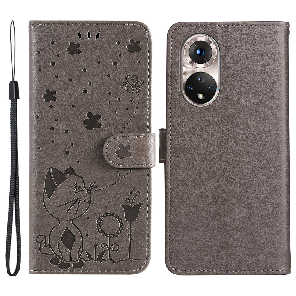 Cat and Bee Imprinted Wallet Stand All-round Protection Leather Phone Shell Case with Wrist Strap for Honor 50 5G/Huawei nova 9 - Grey-1